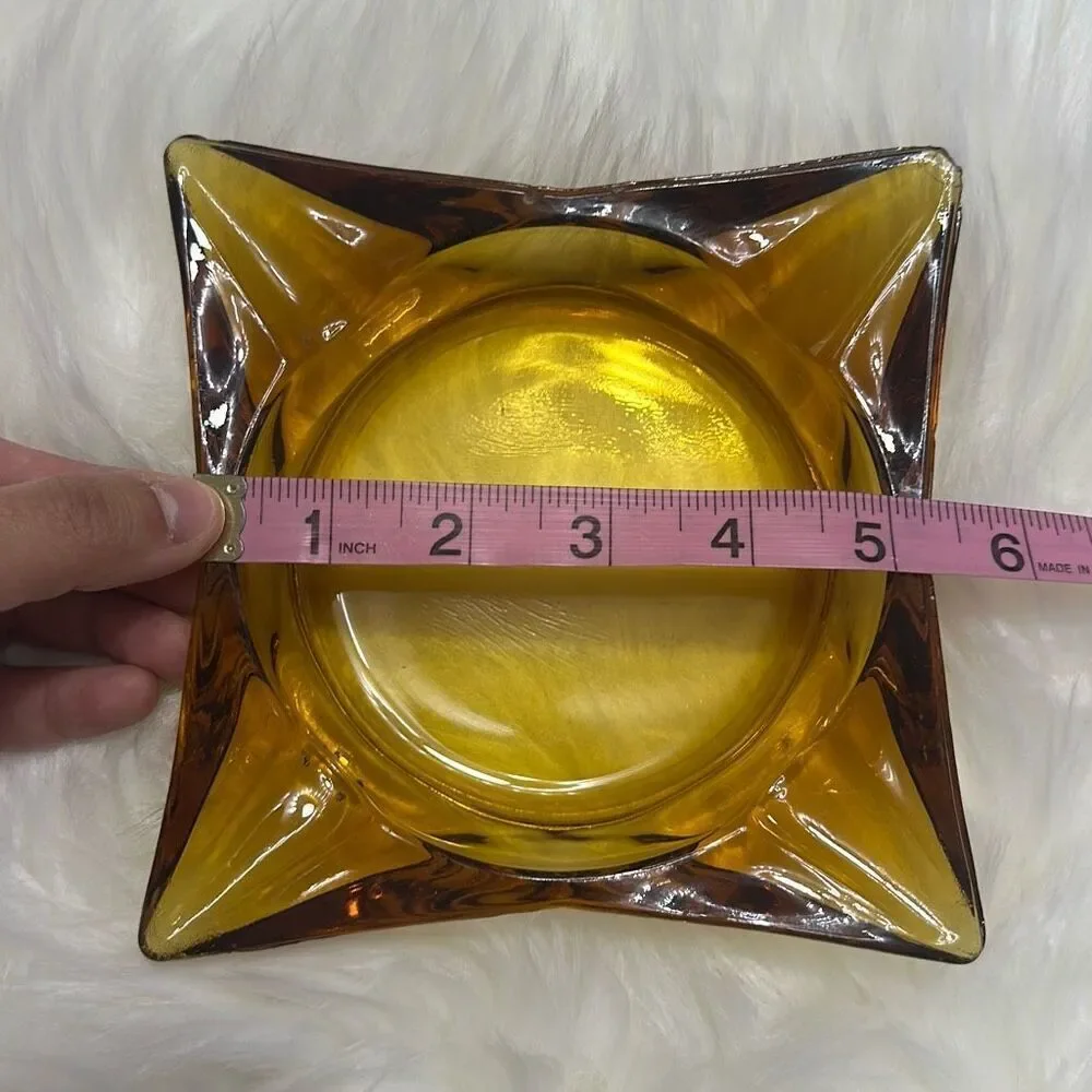 Vintage Retro Pointed Square Yellow Glass Ashtray Mid-Century Modern